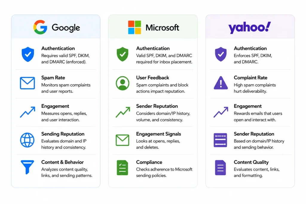 Google, Microsoft, and Yahoo email sender evaluation criteria.