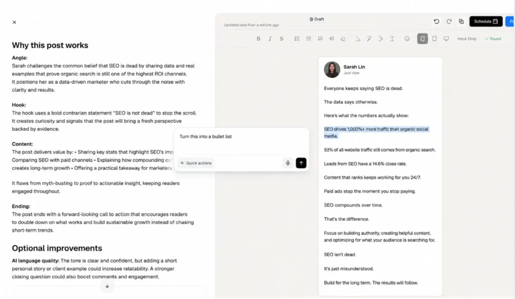 Kleo interface showing AI-powered LinkedIn content.