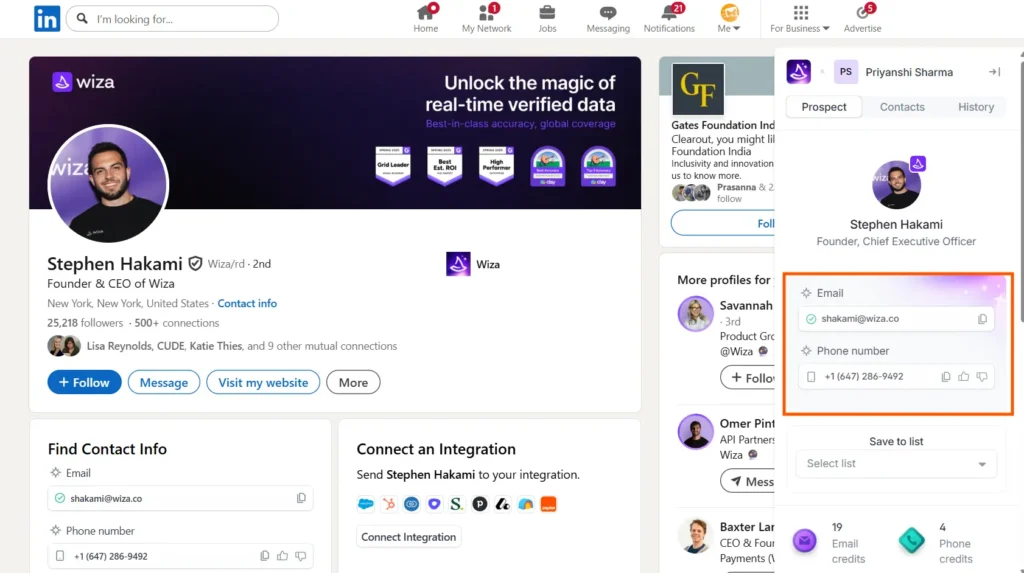 Screenshot of Wiza LinkedIn contact intelligence dashboard.