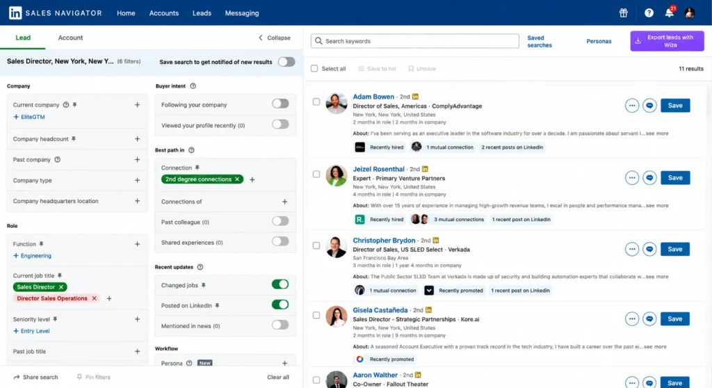 LinkedIn Sales Navigator lead search dashboard.