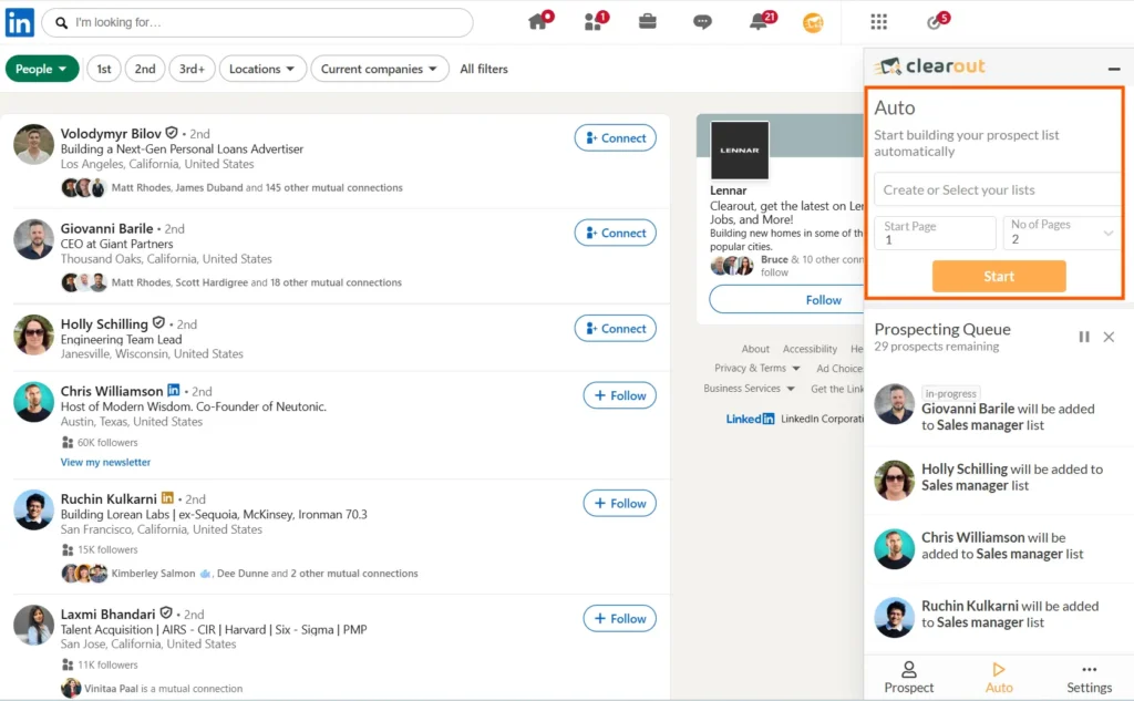 Clearout LinkedIn chrome extension auto-extraction feature.