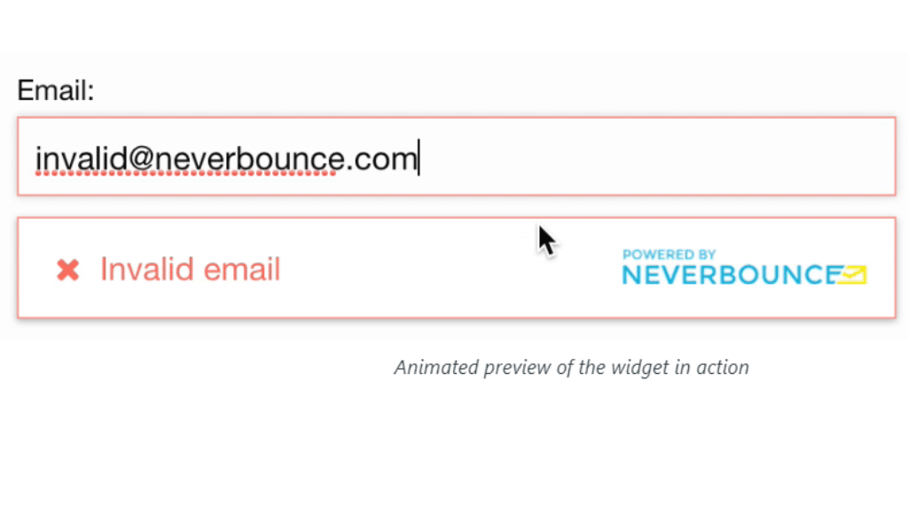  NeverBounNeverBounce widget displaying an "Invalid email" error messagece widget flagging an email as invalid