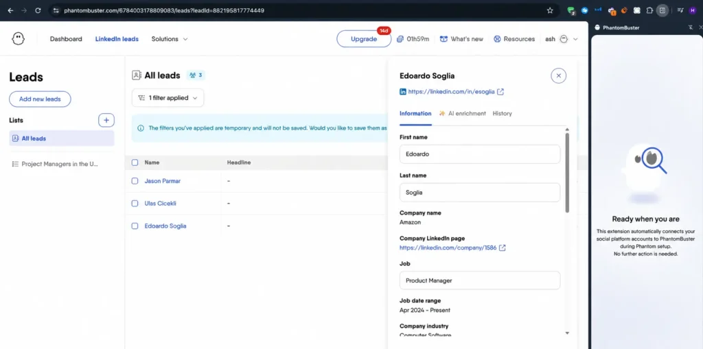 Phantombuster interface showing extracted LinkedIn lead data.