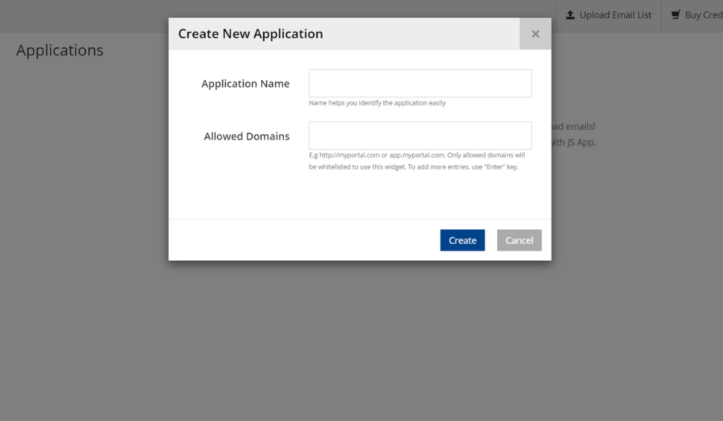 Quick Email Verification dashboard showing a "Create New Application"