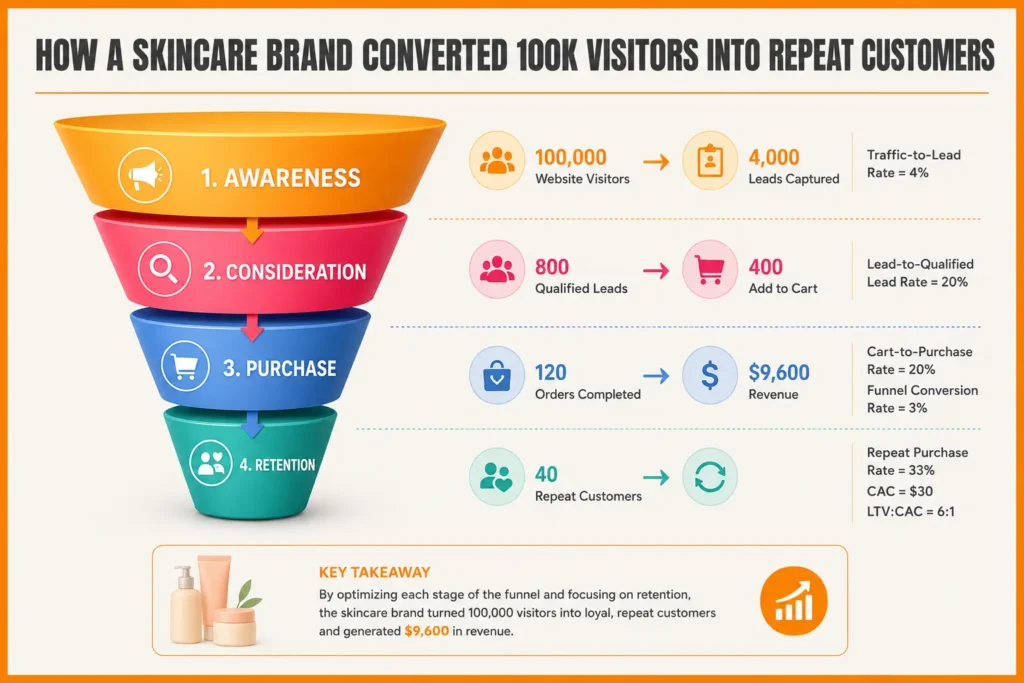 A four-stage sales funnel infographic breaking down key conversion metrics and revenue.