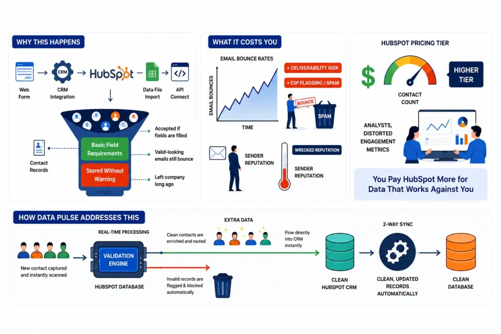 An infographic showing invalid contacts entering HubSpot undetected.