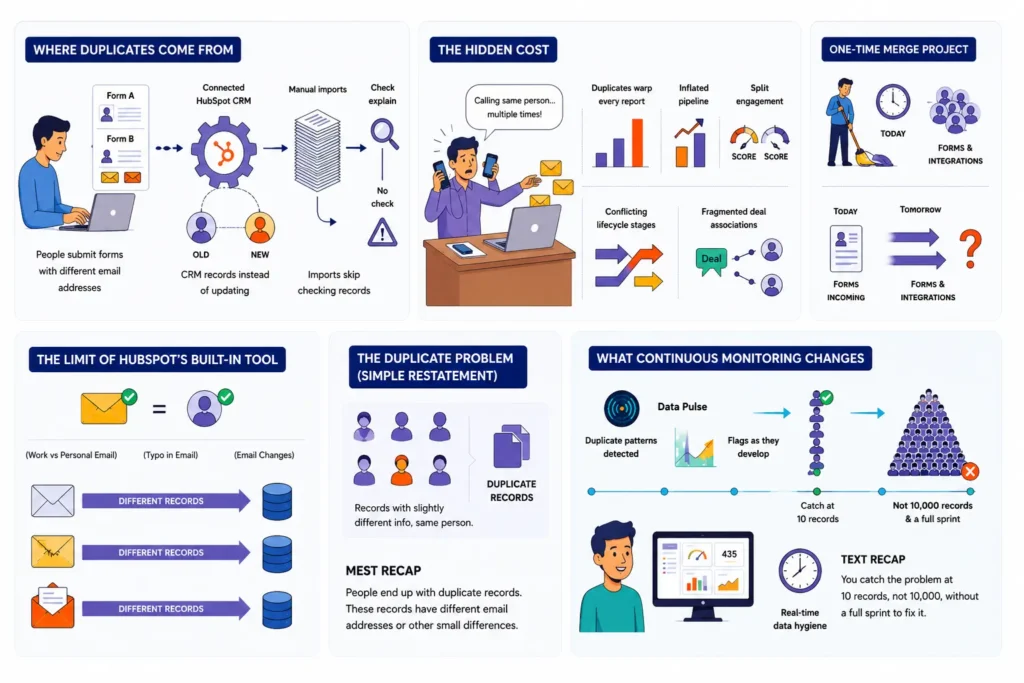 An infographic titled showing how duplicate contacts are multiplying across your database.