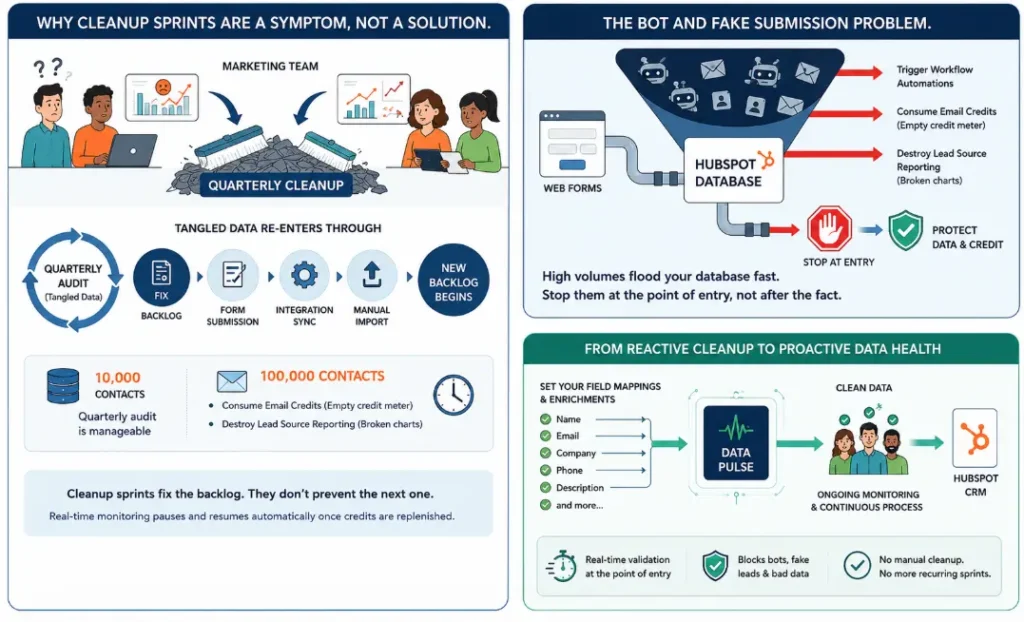  Image showing reactive cleanup sprints vs. proactive CRM data health.