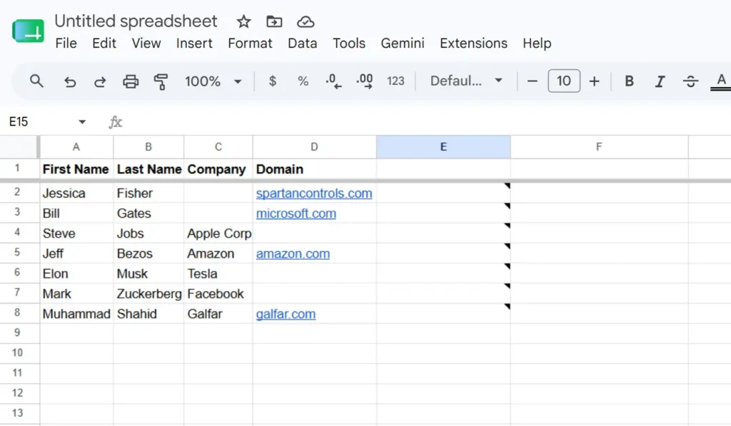 Google sheet with first, last, company, and domain as columns.