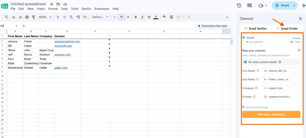 Email Finder opened from Clearout for Sheets.