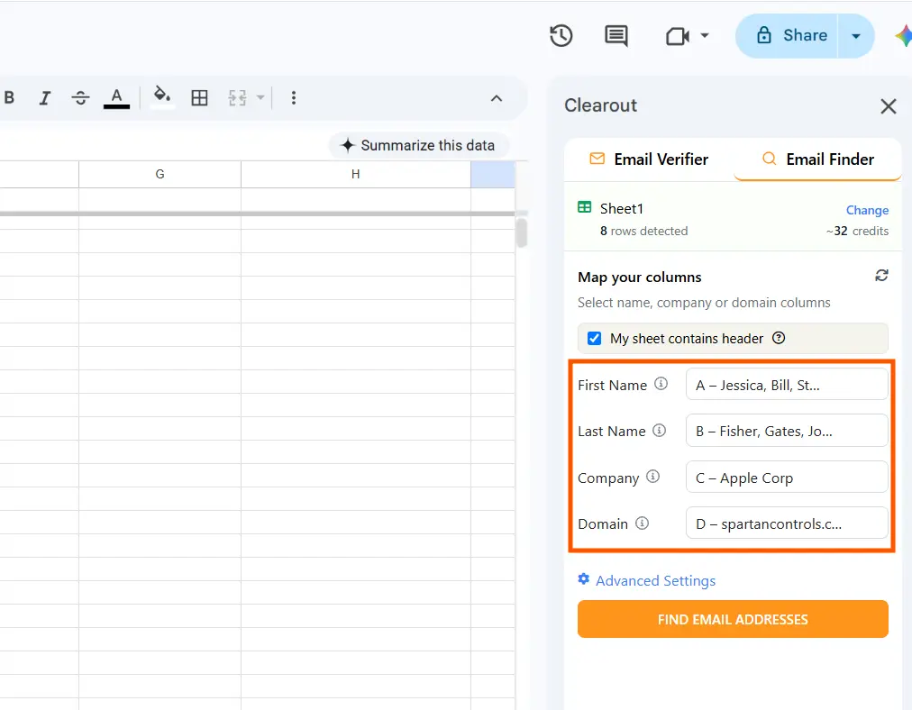 Email Finder mapping columns.