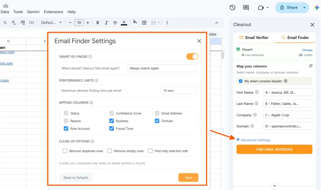Clearout Email Finder advanced settings.