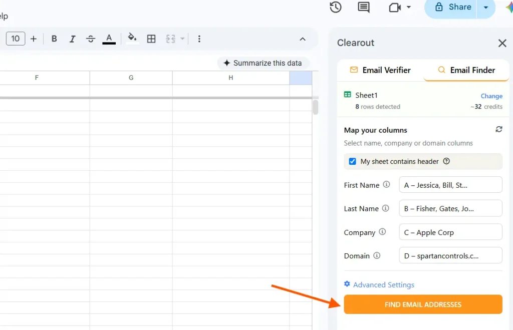 Find email address button in the Clearout Email Finder.