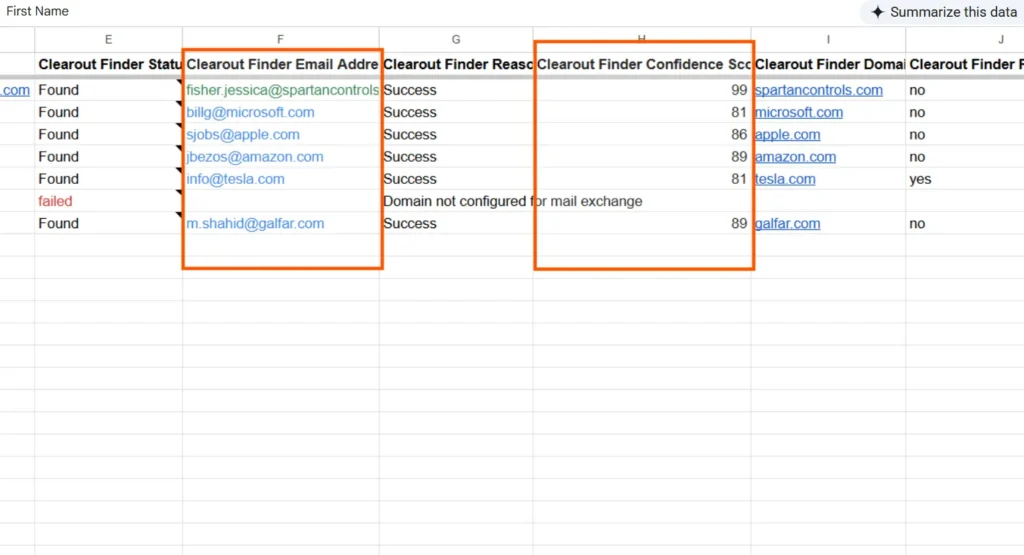 Output fields after finding email address from Clearout Email Finder. 