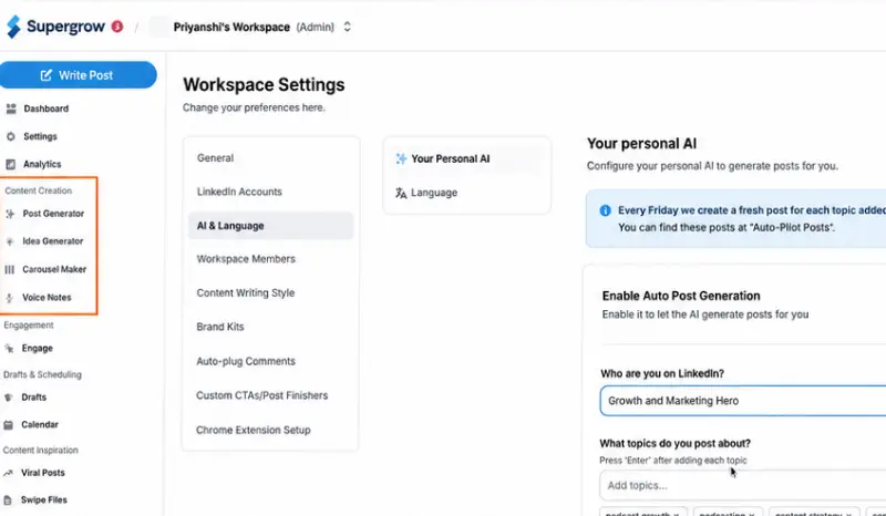 Supergrow interface showing personal AI workspace settings.
