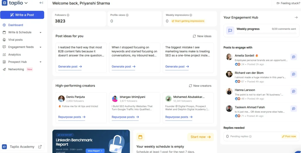 Taplio interface showing analytics and post ideas.