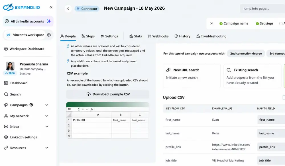 Expandi campaign sequence builder showing connection request step.