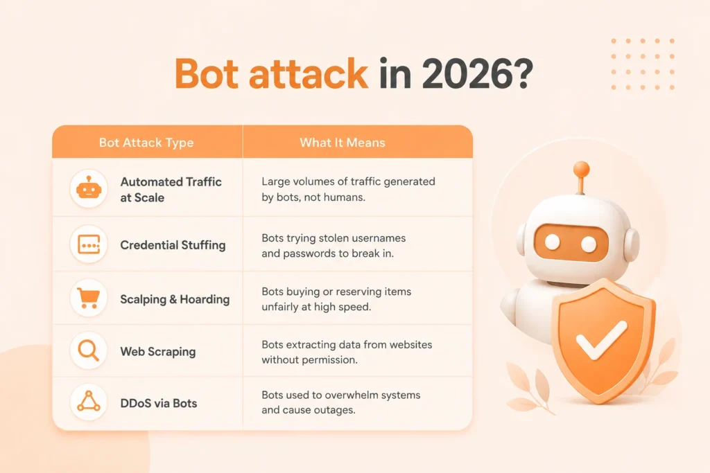 Bot attack types infographic with security robot.