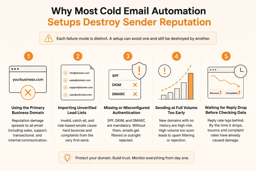 Infographic showing 5 common cold email automation mistakes.