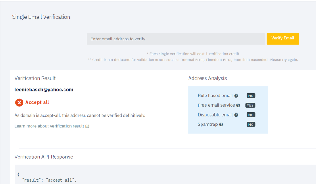 Bouncify panel showing an "Accept all" verification result and address analysis flags.