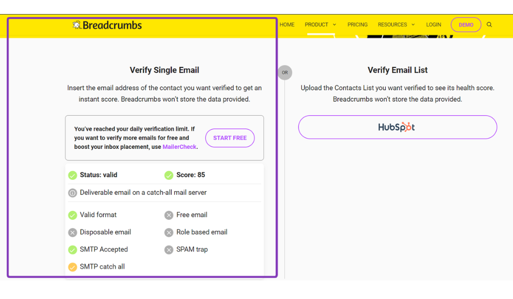 Breadcrumbs dashboard showing email verification results & a HubSpot integration option.