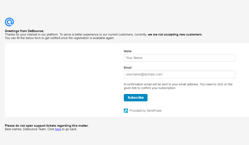 DeBounce notice showing new user registrations temporarily closed.