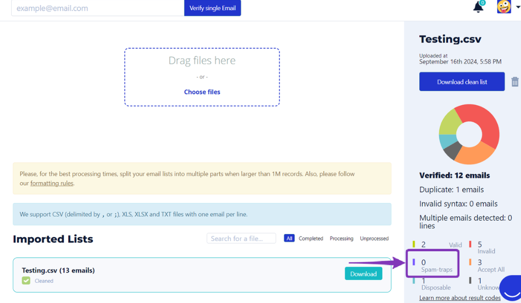 EmailListVerify dashboard showing a file upload field next to email status metrics