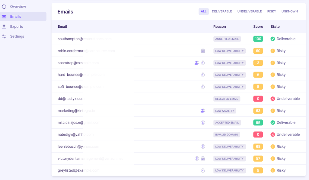 Emailable dashboard showing email verification list results.