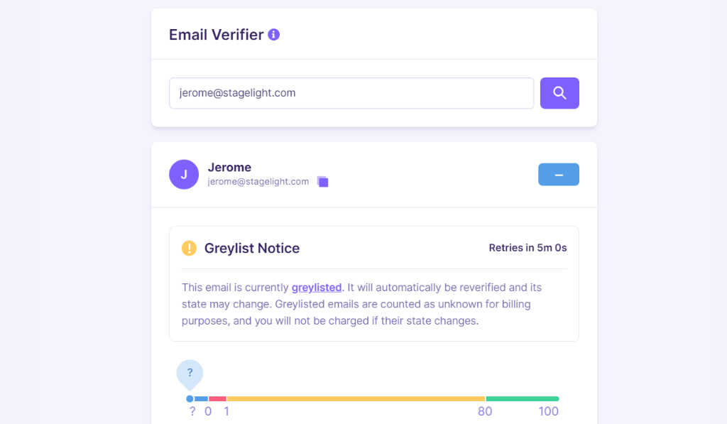 An Emailable "Email Verifier" interface displaying a "Greylist Notice" 
