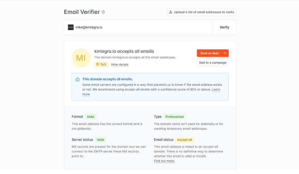Hunter interface displaying an "accept all" verification status result for a tested domain.