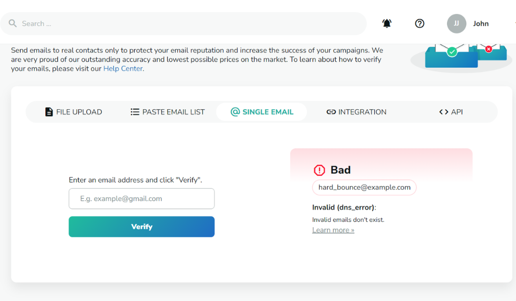 Million Verifier email verification dashboard under the "Single Email" tab