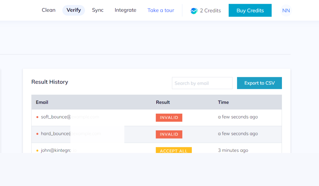 Email verification "Result History" dashboard