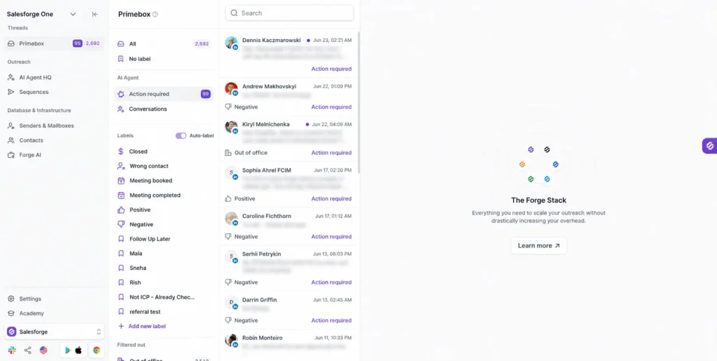 Salesforge dashboard displaying action-required for replies.