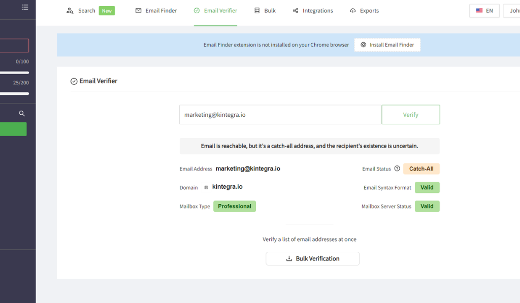 Skrapp interface displaying a "Catch-All" verification status result for a tested email address.