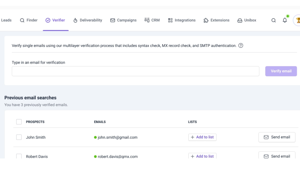 Snov dashboard interface featuring a single email verification