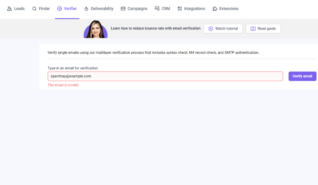 Snov interface displaying an "invalid email" error message for an entered address.