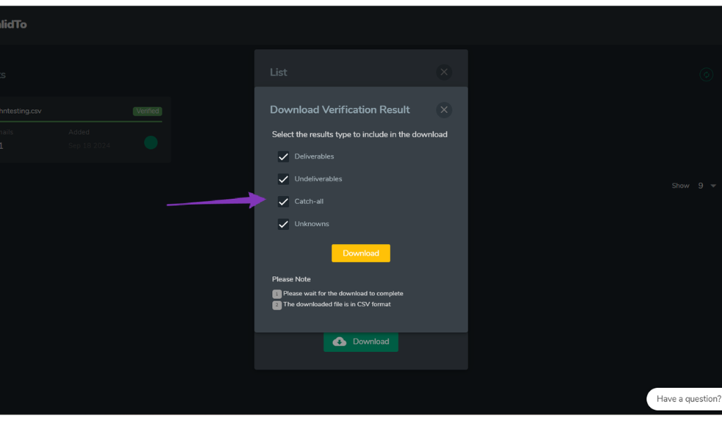  ValidTo dashboard pop-up showing verification result