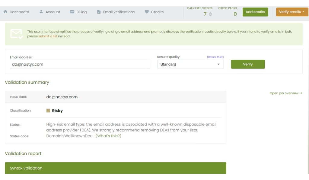 Verifalia dashboard displaying a "Risky" validation result for a tested email address.