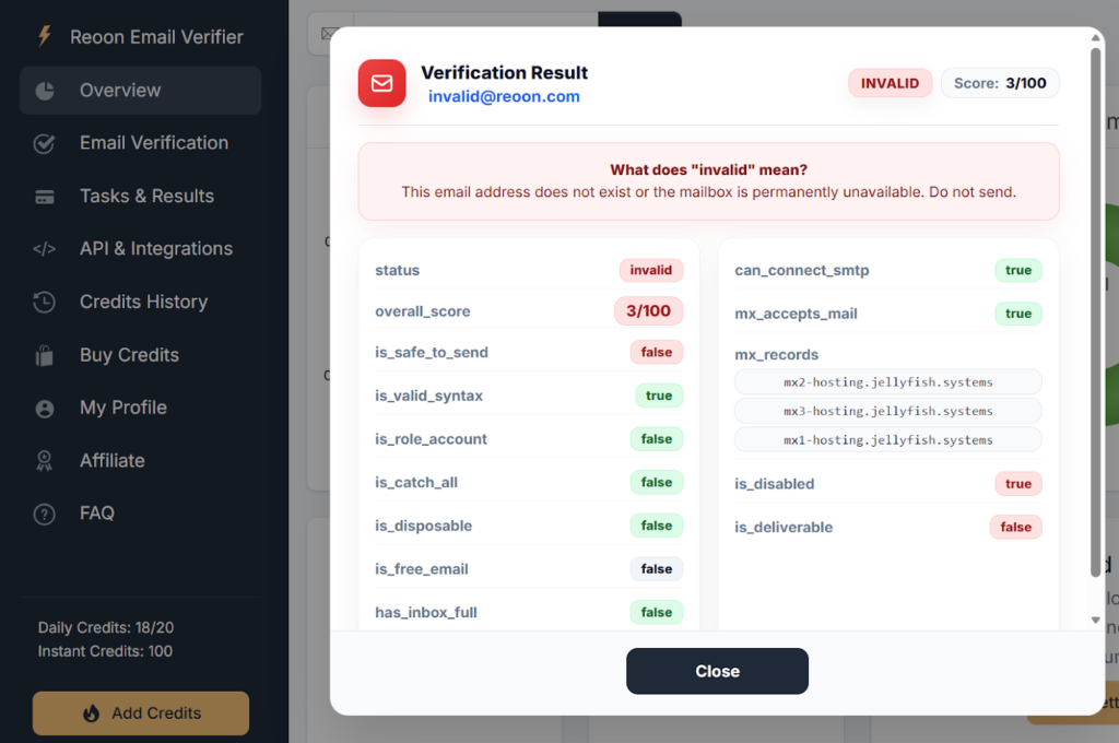 Reoon email verification output with invalid status.