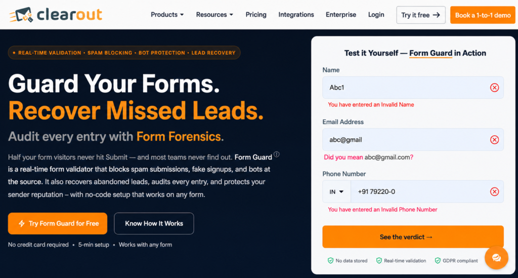 Clearout Form Guard real-time form validation results.
