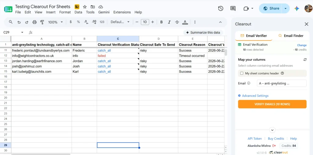 Clearout Email verification results spreadsheet showing results.