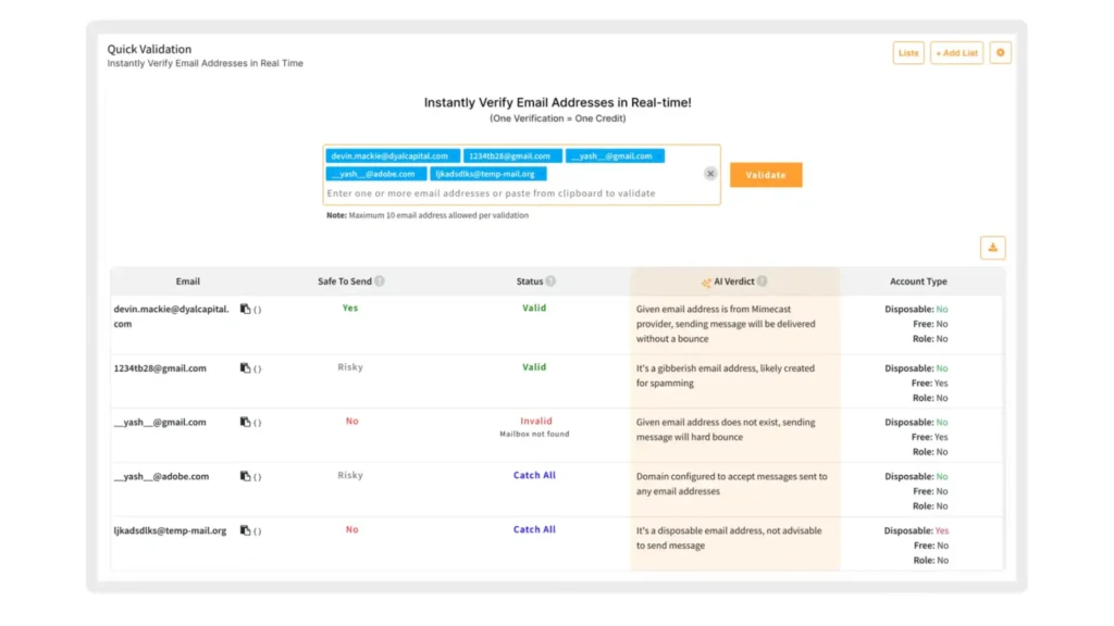 Clearout test results showing valid, invalid, catch-all, and disposable email detection.