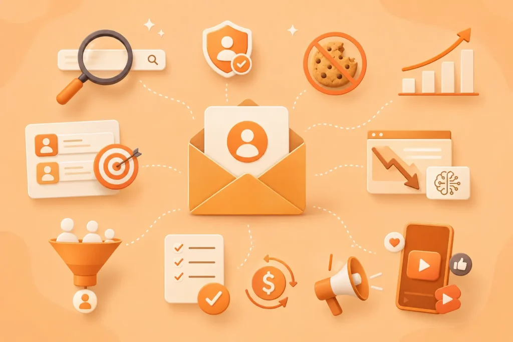 Email list building illustration with marketing icons.