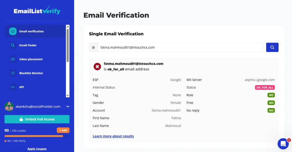 EmailListVerify single email verification result 