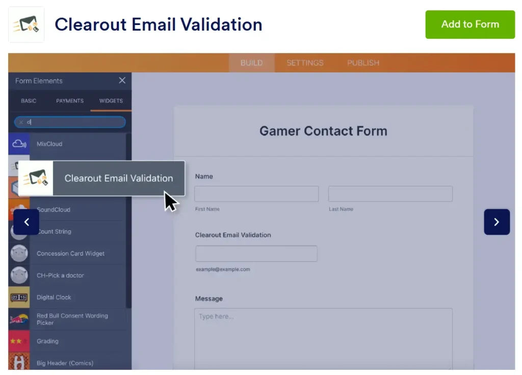 Clearout Email Validation widget in Jotform. 