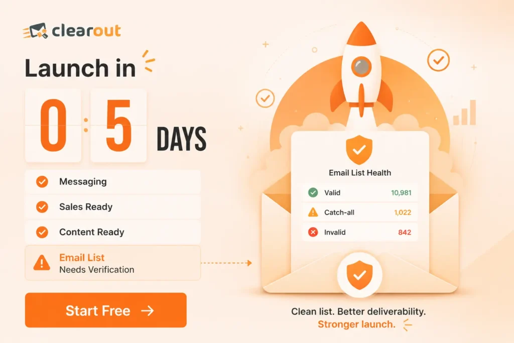 Clearout email verification before GTM launch countdown.