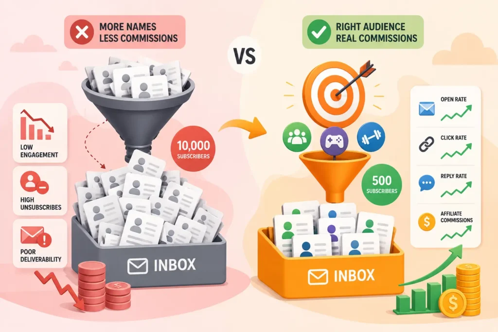 Comparison of generic vs niche email list building for higher affiliate conversions.