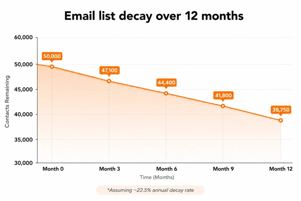 Email list decay line chart of over 12 months