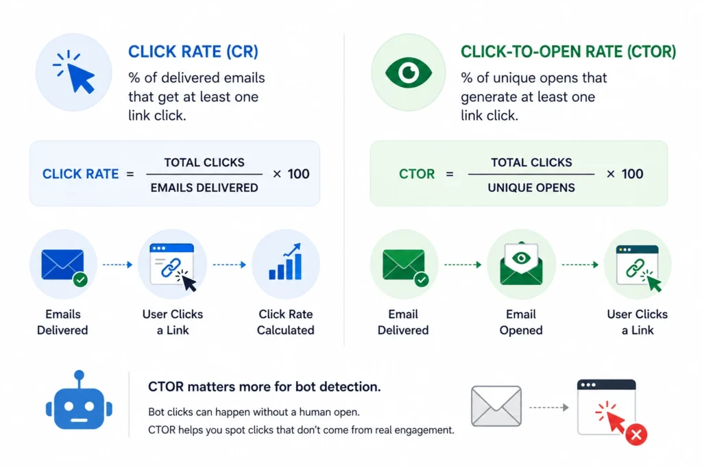Click rate vs. CTOR formulas and bot-click detection.