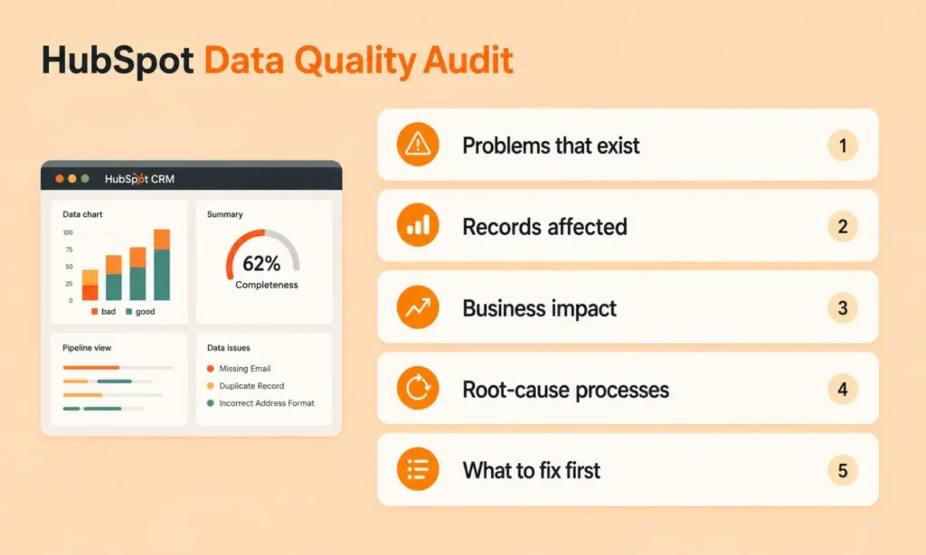 An infographic outlining 5 key steps of a HubSpot Data Quality Audit.